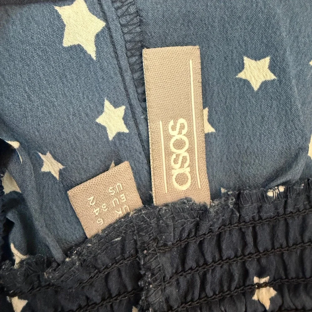 ASOS Womens Blue Star Print Smocked Waist Shorts Tassel Drawstring Size US 2 - Picture 3 of 4